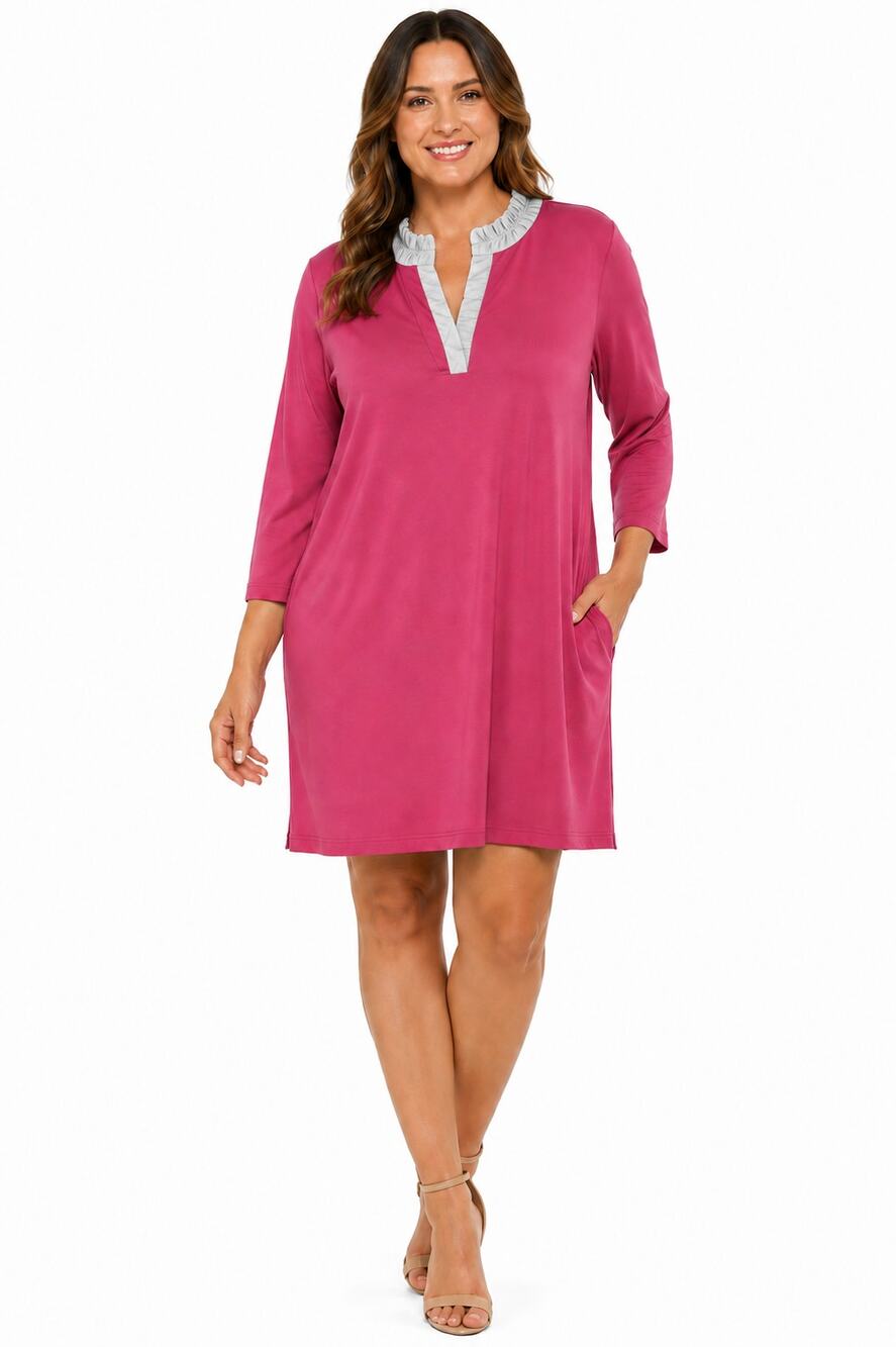 Isaac Mizrahi Live Women’s Large Tall Pink Ruffle Neck Tunic Dress NWOT